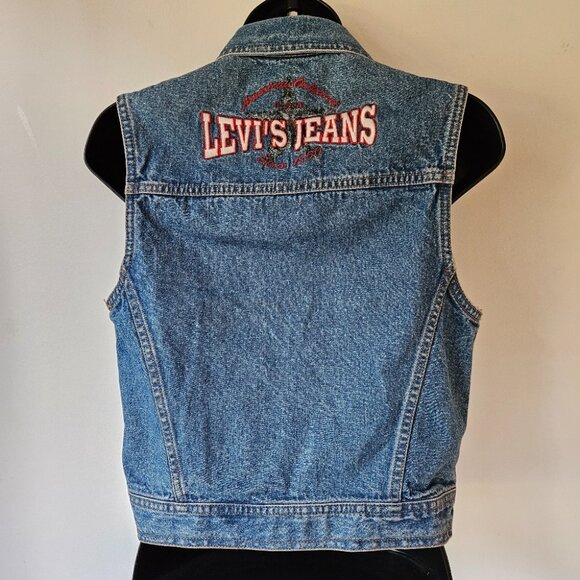 VTG 90s Levis Denim Trucker Vest Women's Small S Jeans Waist Logo Festival - Picture 6 of 11